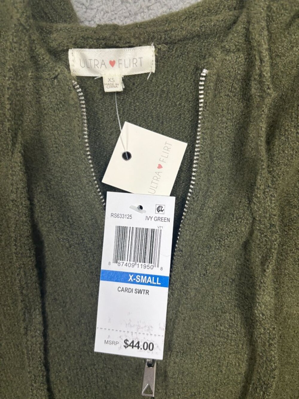 Ultra Flirt Women's Juniors' Full-Zip Hoodie Sweater - Ivy Green Size XS NWT's. - Picture 6 of 8